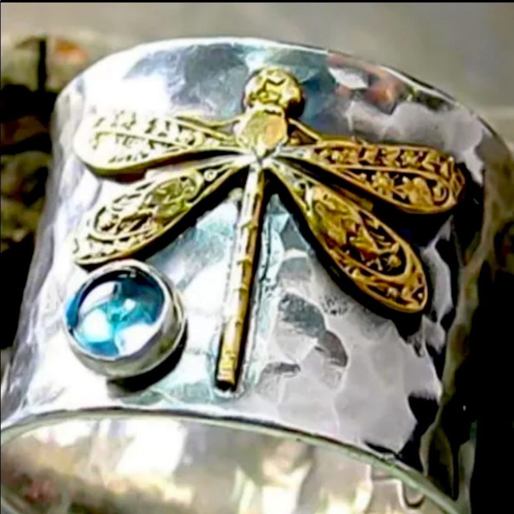 925 Sterling Silver Aquamarine Dragonfly Ring